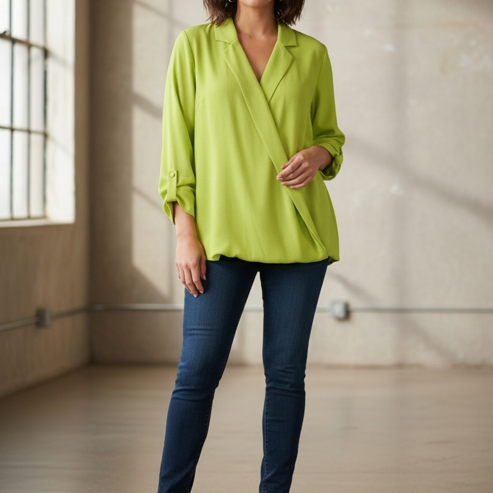 Vince Camuto Lime Green Long Sleeve Faux Wrap Blouse